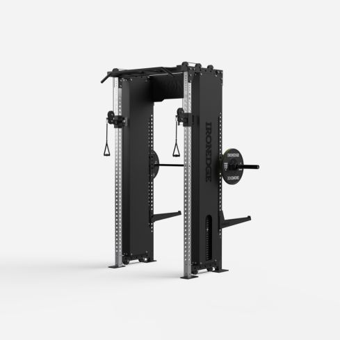 Iron Edge Armour Rack with dual Cables spotting arms and barbell on j-hooks