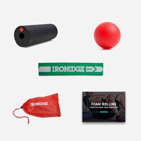 IronEdge Tune Up Pack with foam roller, massage ball, green band, carry pouch and foam rolling e-book